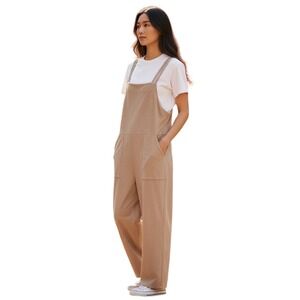 MNG Ultra Suede Jumpsuit Sz S Beige‎ Wide Leg Square Neck Adjustable Straps Zips